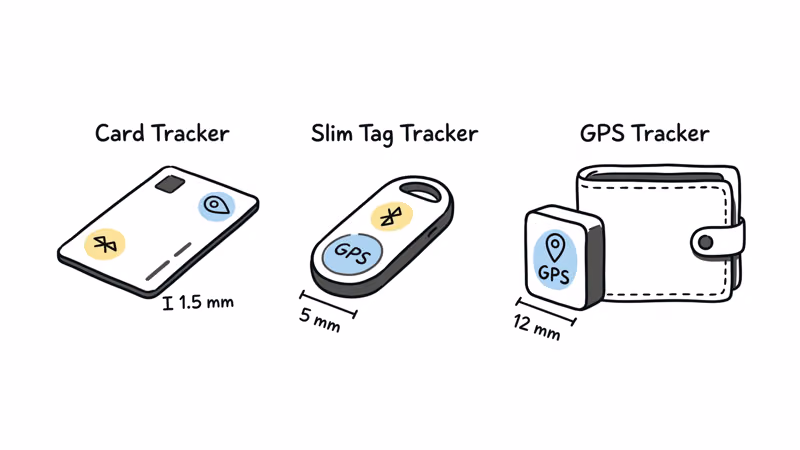 Side-by-side comparison of card-shaped and disc-shaped wallet GPS trackers showing thickness differences