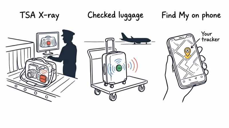 Camera bag going through airport X-ray with a Bluetooth tracker inside, security screening illustration