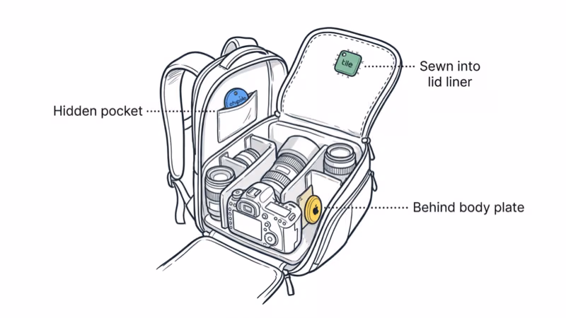 Three camera backpacks with recommended tracker hiding spots annotated: Peak Design, Wandrd Prvke, Lowepro ProTactic