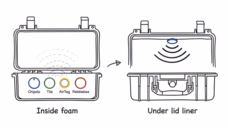 Pelican 1510 case cut-away showing Bluetooth tracker placement between foam layers near the lid seam