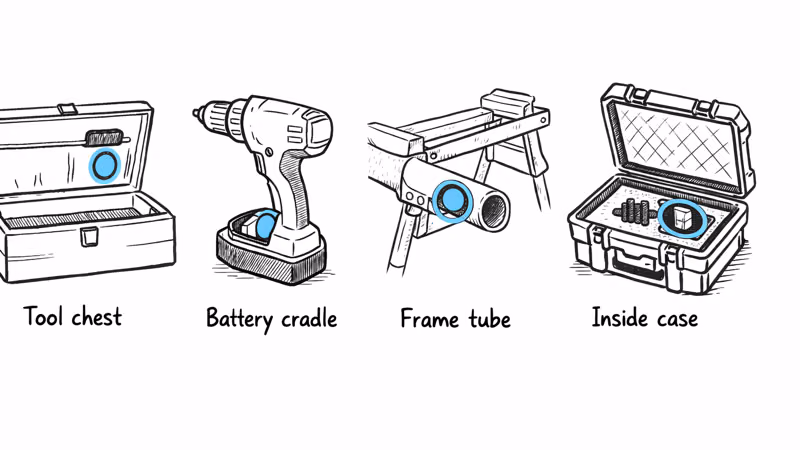 Four hidden tracker mounting locations on construction tools: tool chest interior pocket, drill battery cradle, saw stand frame tube, and AirTag holder inside Packout case
