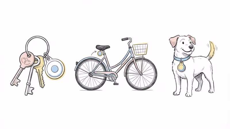 AirTag attached to keys, wallet, and backpack showing everyday tracking use cases