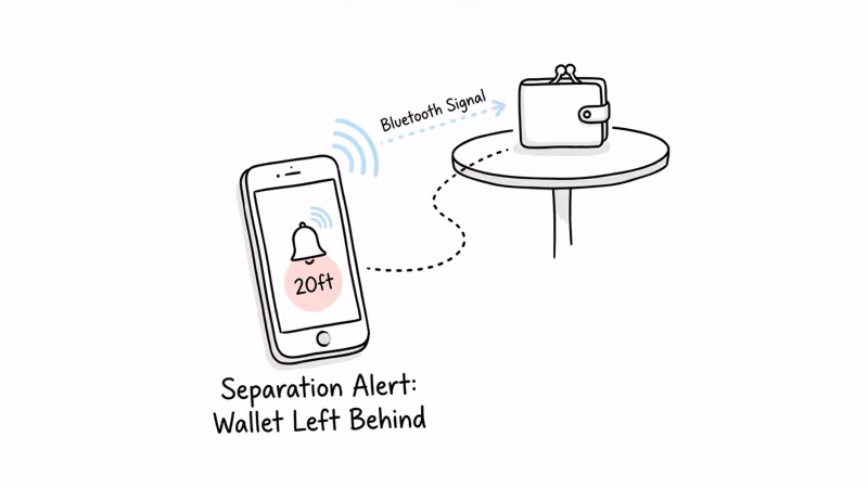 Phone receiving separation alert notification when wallet left behind at restaurant table