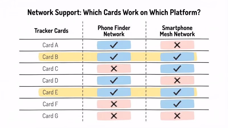 Apple Find My versus Google Find Hub network support across wallet tracker cards with dual-network options highlighted