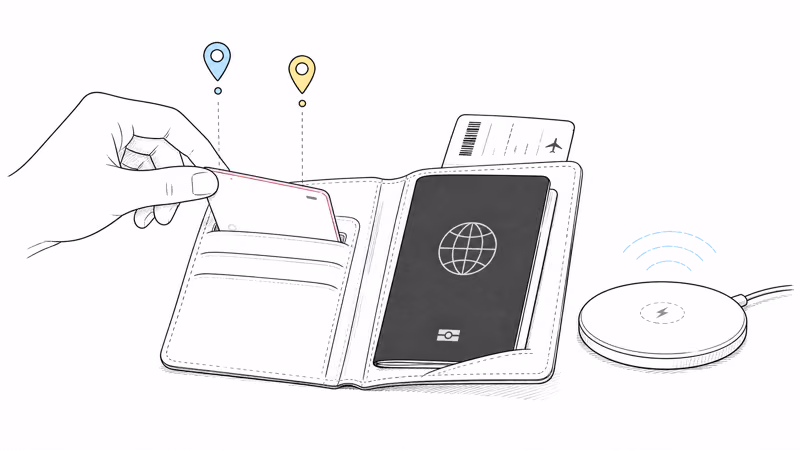 Thin dual-network AirCard Pro tracker sliding into a passport organizer beside a Qi charging pad