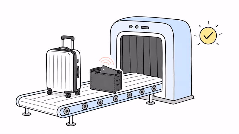 A wallet holding a tracker card riding an airport security conveyor through an X-ray scanner