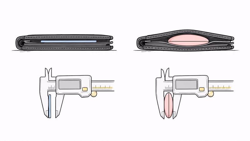 Side profile comparison of a thin tracker card versus a thick disc tracker bulging a wallet slot