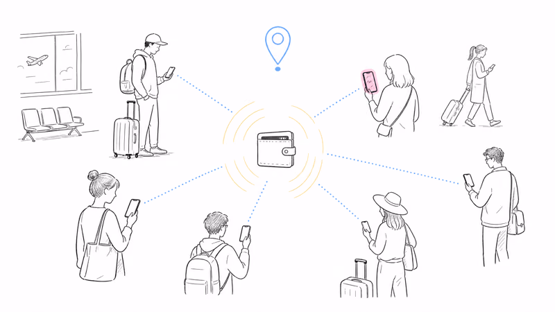 Wallet tracker card relaying its location off a crowd of traveler phones in an airport