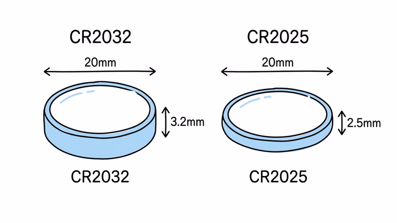 CR2032 and CR2025 coin cell battery size comparison showing thickness difference