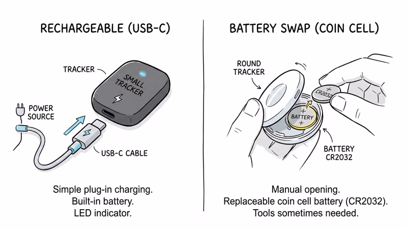 USB-C rechargeable tracker versus replaceable coin cell battery tracker maintenance comparison