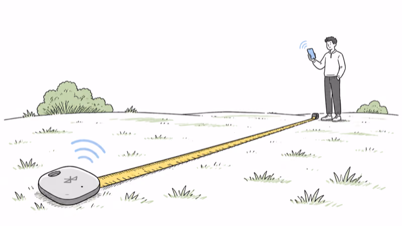 Notion hand-drawn illustration of an open-field Bluetooth range test: a tracker emitting signal waves on the grass while a yellow measuring tape stretches across the field to a person holding a phone in the distance