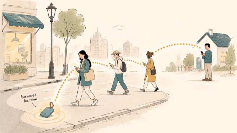A lost suitcase tag relaying its location through strangers' passing phones back to the owner's home