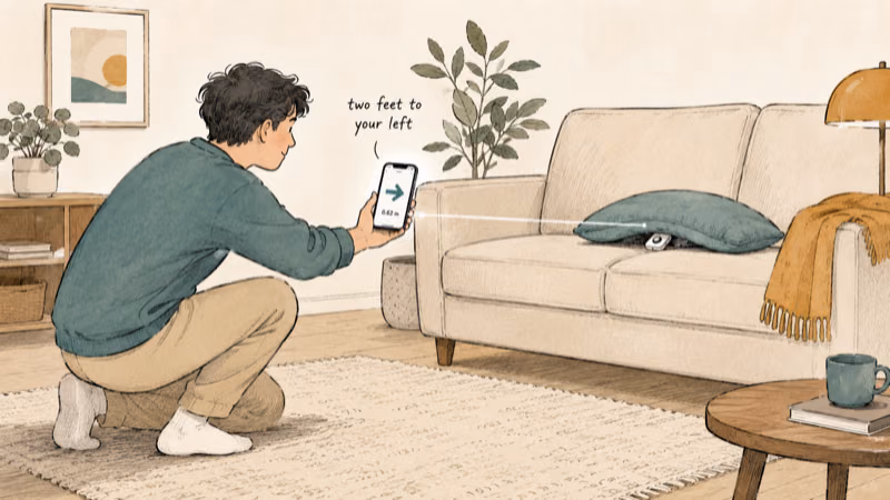 A phone showing a UWB direction arrow guiding someone to a tracker tag hidden under a couch cushion