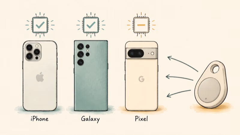 Three phones, iPhone Galaxy and Pixel, showing which flagship tiers carry ultra-wideband chips and which skip it