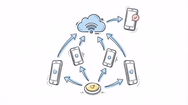 Diagram showing how a Bluetooth tracker like AirTag uses nearby iPhones to relay its location through the Find My network