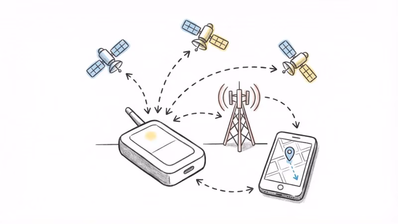 Diagram showing how a GPS tracker communicates with satellites and sends location data over cellular networks