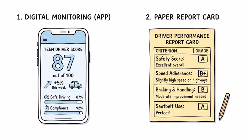 Bouncie numeric driver score versus MOTOsafety letter grade report card for teen drivers