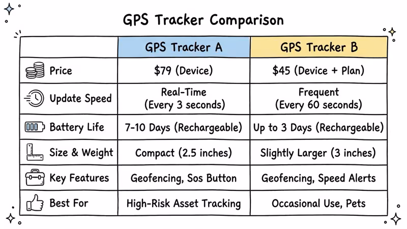 Bouncie versus Optimus GPS tracker side-by-side spec comparison chart