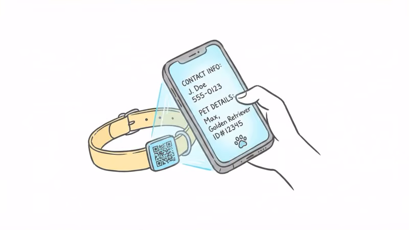 Person scanning QR code pet tag on dog collar with smartphone
