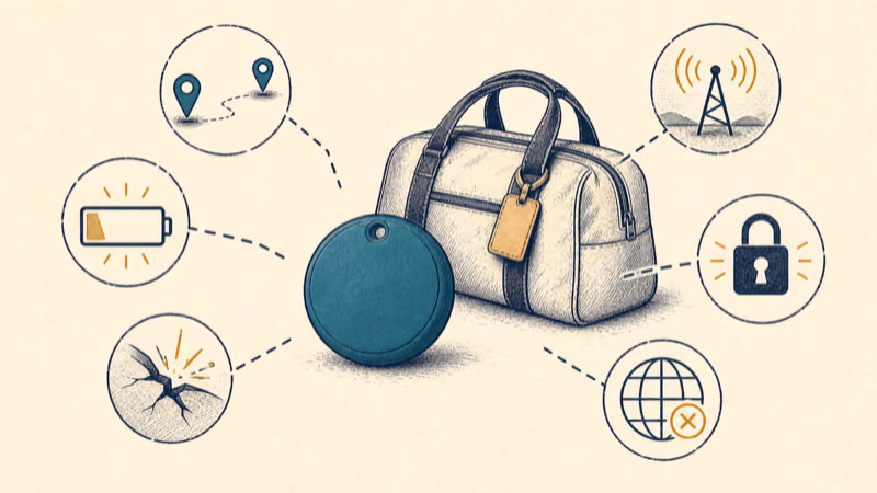 Wordless illustration of an AirTag item-finding path interrupted by separation, battery state, damage, radio conditions, and account availability without showing disabling instructions
