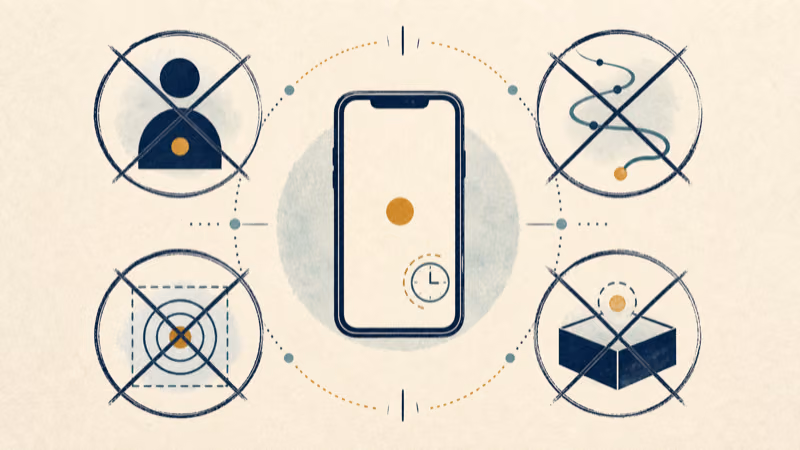 Wordless field-guide illustration separating a conditional Find My item observation from identity, a live route, and guaranteed recovery