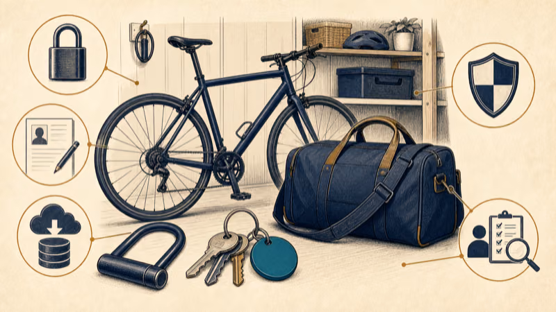Wordless illustration of locks, private records, insurance, account review, and an AirTag as one limited layer around an authorized personal item