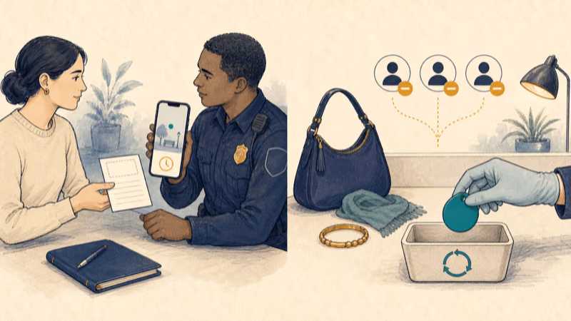 Wordless illustration of a private item record and non-live Find My observation being reported to an authorized responder, followed by access removal and AirTag offboarding