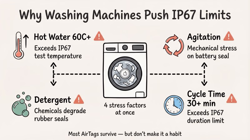 Washing machine risks for AirTag showing heat, agitation, chemicals, and duration exceeding IP67 limits