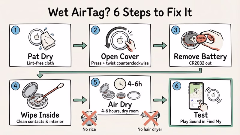 Step-by-step guide to drying a wet AirTag including battery removal and air drying