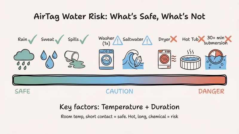 Water damage risk spectrum for AirTag from low risk rain to high risk hot tub and prolonged submersion