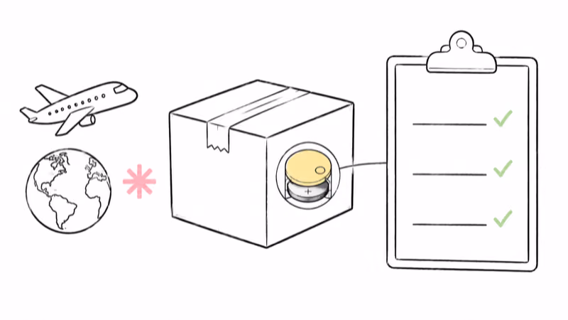 Sealed shipping box with a coin cell AirTag installed, cleared against domestic carrier battery rules