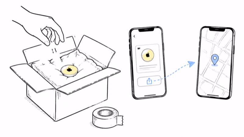 AirTag placed in box padding while a share link sends the live map to the recipient's phone