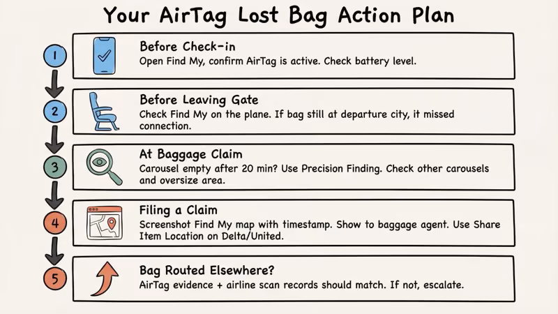 Step-by-step flowchart for recovering a lost checked bag using AirTag and Find My