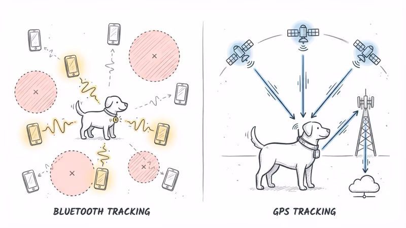 Diagram comparing Bluetooth AirTag tracking via nearby iPhones versus direct GPS satellite tracking