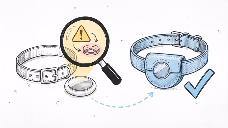 Safety risks of AirTag on dog collar including choking hazard and CR2032 battery chemical burn danger