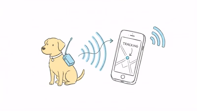 Dog wearing GPS tracker collar showing real-time location on phone map