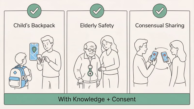 Legitimate AirTag family use cases including children's backpacks and elderly parent safety