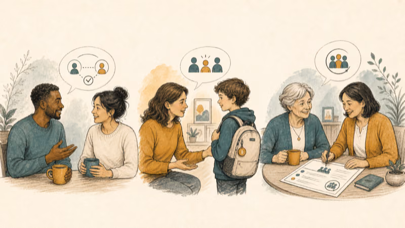 Wordless illustration showing transparent adult location sharing, a parent discussing a backpack tracker with a child, and a collaborative care plan