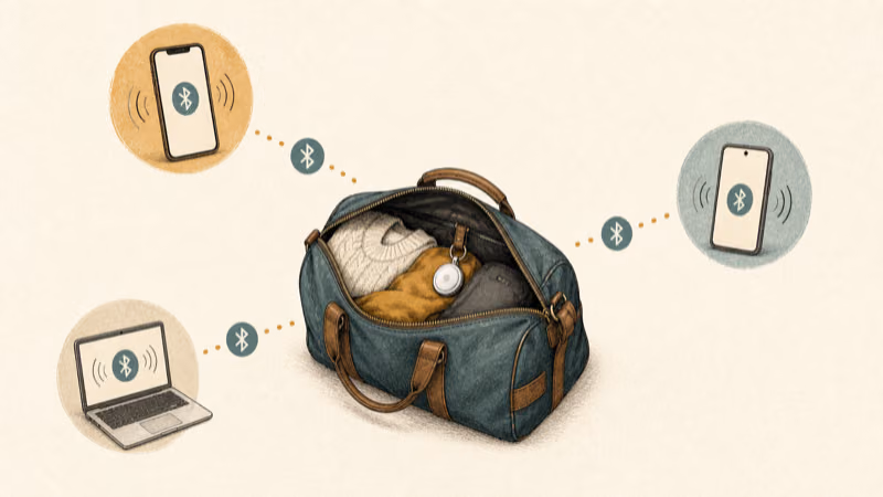 Wordless illustration showing an AirTag on a bag receiving occasional crowdsourced item-location relays rather than a live person route