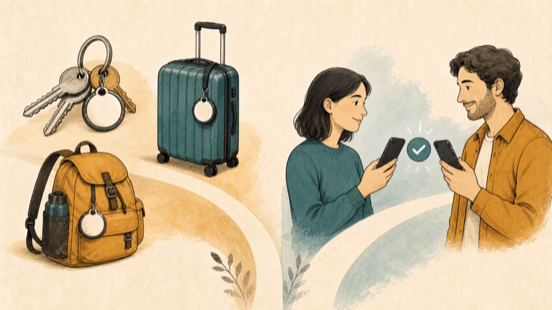 Wordless illustration separating AirTag use for owned belongings from consent-based location sharing for people