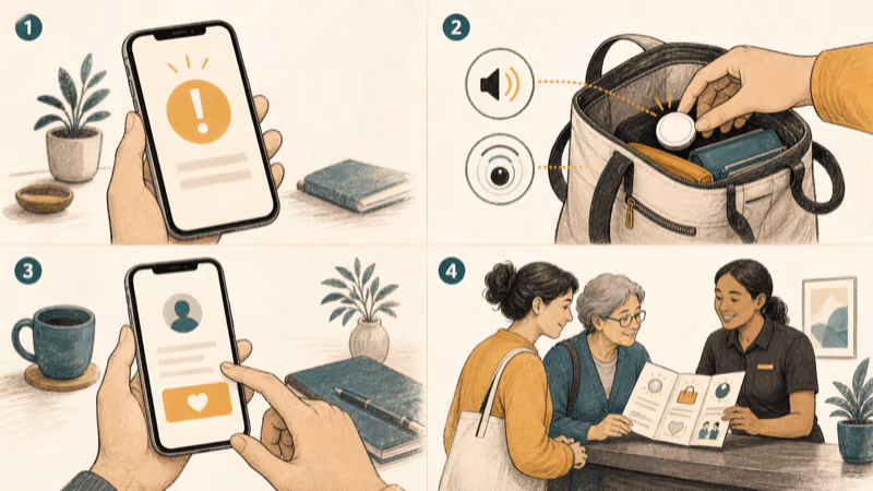 Wordless illustration showing a person using safe locating controls, saving an AirTag identifier, and seeking support at a public help desk