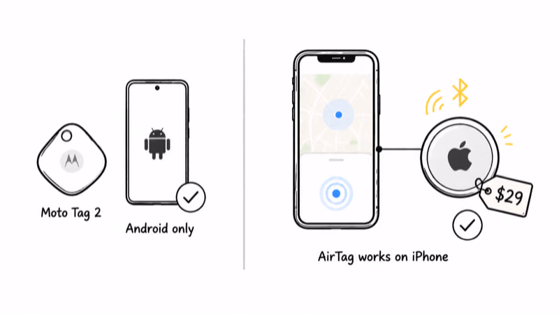 Apple AirTag works in Find My on iPhone for $29 while the Moto Tag 2 stays Android only