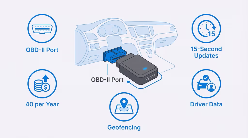 Vyncs Pro 4G OBD-II GPS tracker plugged into a car diagnostic port under the dashboard
