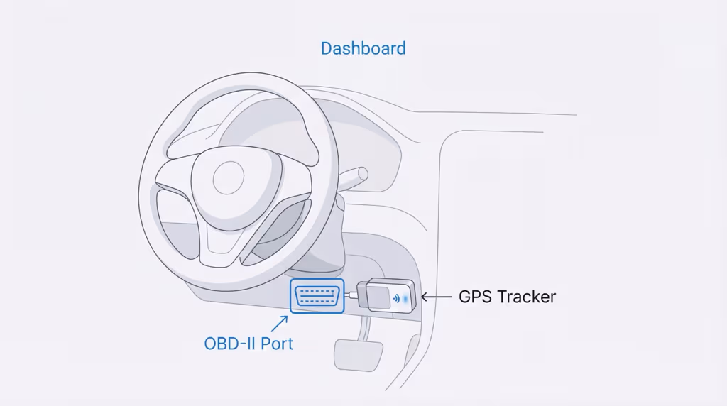 OBD-II GPS tracker plugged into a car diagnostic port under the dashboard