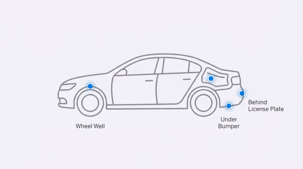 Magnetic GPS tracker placed on the underside of a car for covert vehicle tracking