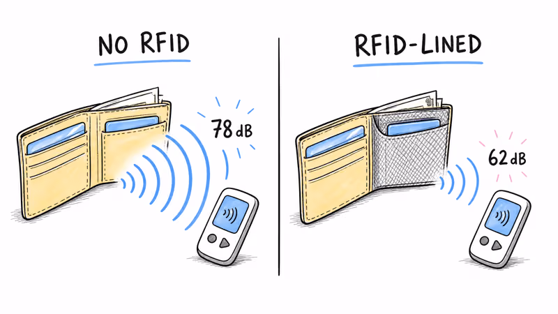RFID-blocking wallet vs standard leather wallet sound output comparison showing 8 dB additional loss from RFID mesh
