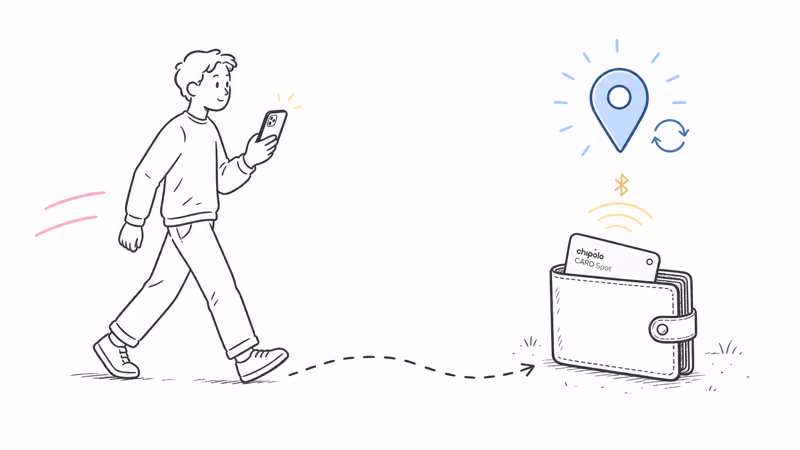 Hand-drawn steps showing how to force a fresh Chipolo CARD Spot location update