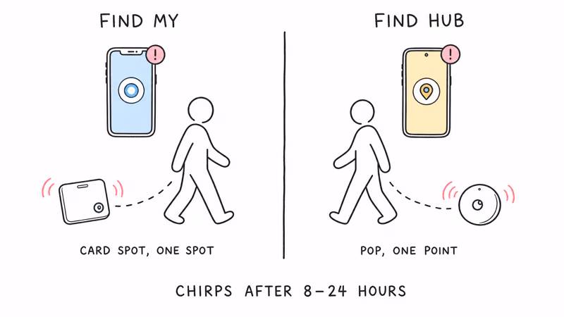 Notion hand-drawn illustration showing two parallel anti-stalking branches: Find My (Card Spot, ONE Spot) on the left with an iPhone alert, Find Hub (Pop, ONE Point) on the right with an Android alert; both fire after 8 to 24 hours of separation from the owner