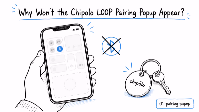 Phone held near a Chipolo LOOP tag with the pairing popup failing to appear and a crossed-out Bluetooth icon