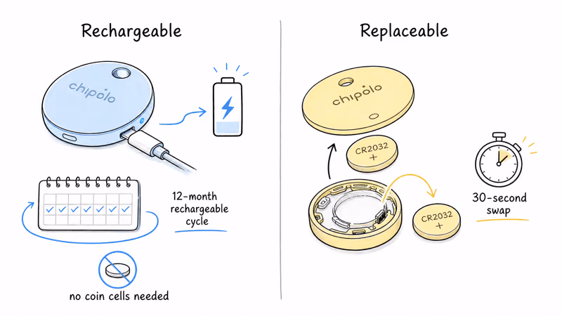 Chipolo Loop recharges over USB-C on a 12-month cycle while the Chipolo Pop takes a swappable CR2032 coin cell